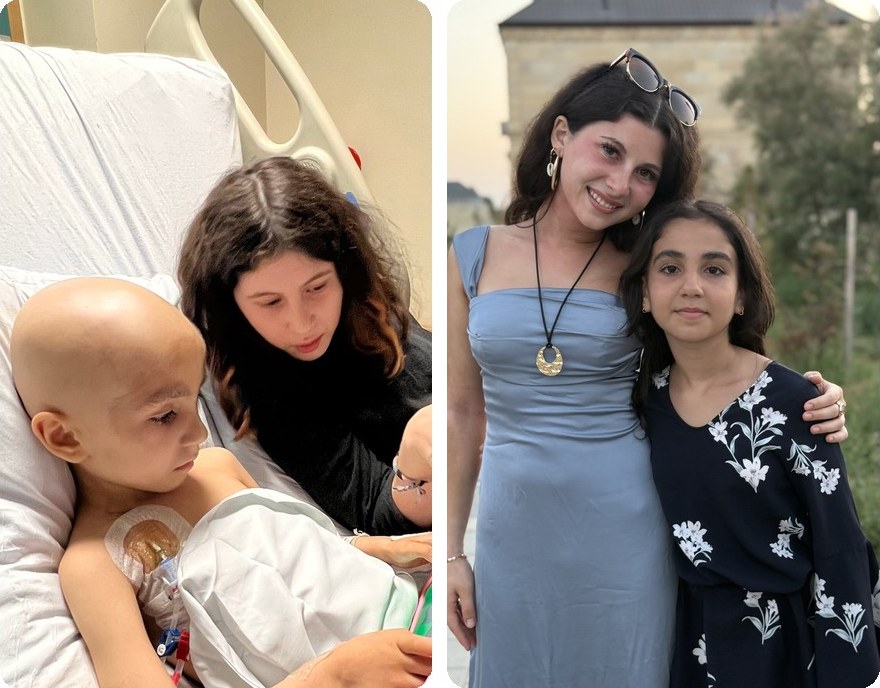Elana with Daniz in the hospital in 2022 and at KCCF Camp 2026